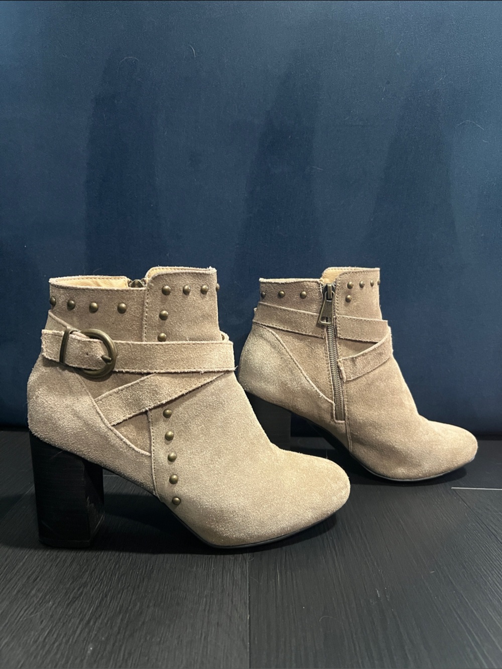 Maurices Taupe Suede Studded Ankle Booties with Buckle
